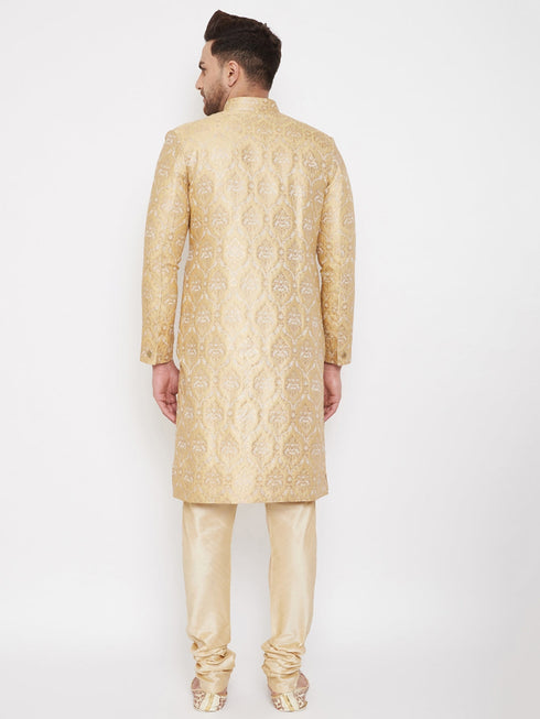 Vastramay Men's Golden Brocade Slim Fit Sherwani Set